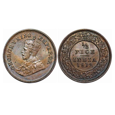 George V, Bronze, 1/2 Pice, 1912, Calcutta Mint, No mint mark. F. Prid 745. GK 1198. Uncir