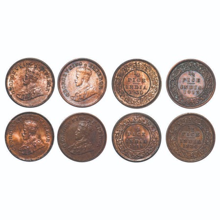 George V, Bronze, 1/2 Pice, (4 coins), 1913, 1919, 1930, 1934, Calcutta Mint, No mint mark