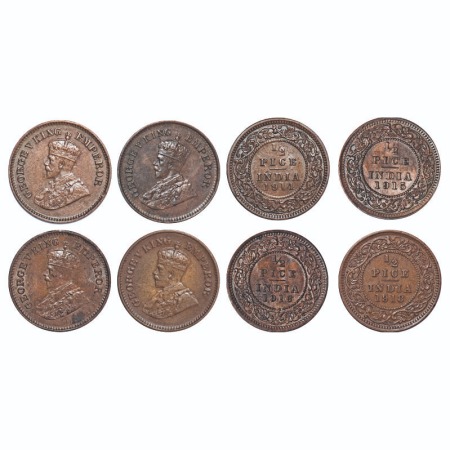 George V, Bronze, 1/2 Pice, (4 coins), 1914, 1915, 1916, 1918, Calcutta Mint, No mint mark