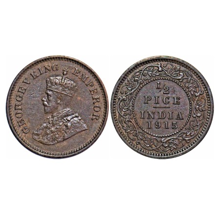 George V, Bronze, 1/2 Pice, 1915, Calcutta Mint, No mint mark. F. Prid 748. GK 1201. Almos