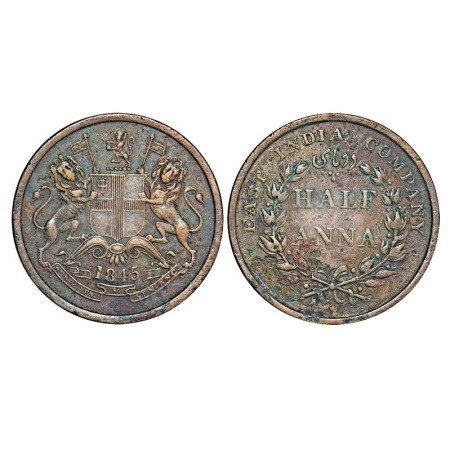 Victoria Queen, Copper, Half Anna, 1845, Calcutta Mint, Obv 'B', Cross bar of numeral 4 w/