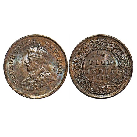 George V, Bronze, 1/2 Pice, 1919, Calcutta Mint, No mint mark. F. Prid 752. GK 1205. Brill