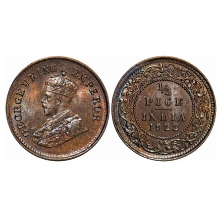 George V, Bronze, 1/2 Pice, 1922, Calcutta Mint, No mint mark. F. Prid 755. GK 1208. Brill