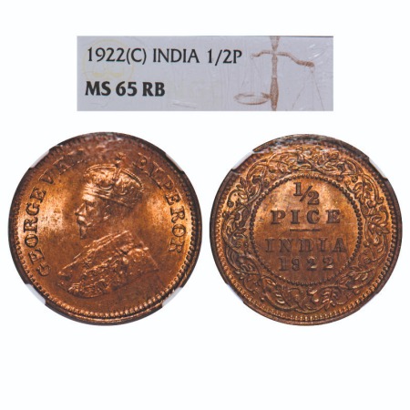 George V, Bronze, 1/2 Pice, 1922, Calcutta Mint, No mint mark. F. Prid 755. GK 1208. NGC S