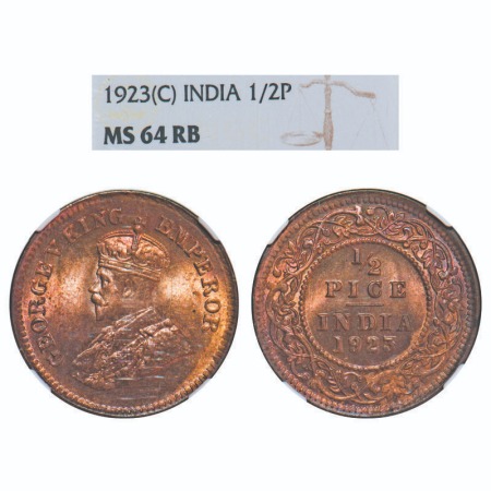 George V, Bronze, 1/2 Pice, 1923, Calcutta Mint, No mint mark. F. Prid 756. GK 1209. NGC S