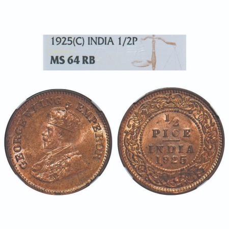 George V, Bronze, 1/2 Pice, 1925, Calcutta Mint, No mint mark. F. Prid 758. GK 1211. NGC S