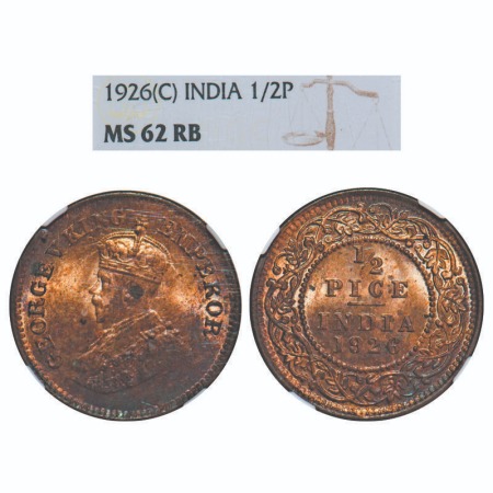 George V, Bronze, 1/2 Pice, 1926, Calcutta Mint, No mint mark. F. Prid 759. GK 1212. NGC S