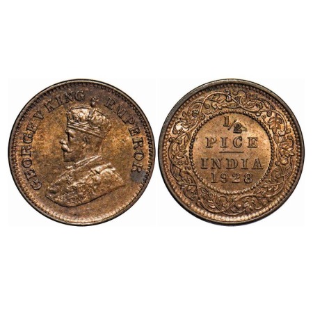 George V, Bronze, 1/2 Pice, 1928, Calcutta Mint, No mint mark. F. Prid 761. GK 1214. Uncir