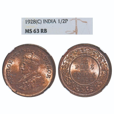 George V, Bronze, 1/2 Pice, 1928, Calcutta Mint, No mint mark. F. Prid 761. GK 1214. NGC S