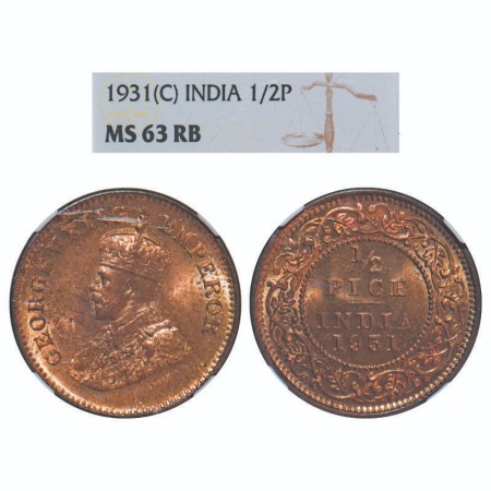 George V, Bronze, 1/2 Pice, 1931, Calcutta Mint, No mint mark. F. Prid 764. GK 1217. NGC S