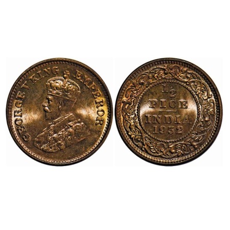 George V, Bronze, 1/2 Pice, 1932, Calcutta Mint, No mint mark. F. Prid 765. GK 1218. Brill