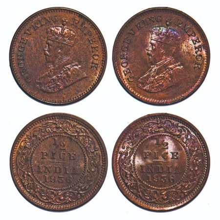 George V, Bronze, 1/2 Pice, (2 coins), 1936, Calcutta Mint, No mint mark. F. Prid 769. GK 
