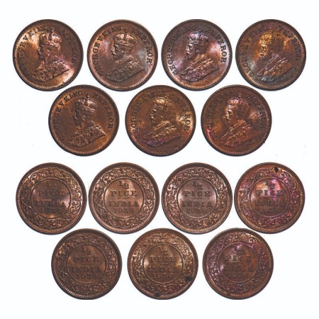 George V, Bronze, 1/2 Pice, 1936, (lot of 7 coins), Calcutta Mint, No mint mark. F. Prid 7
