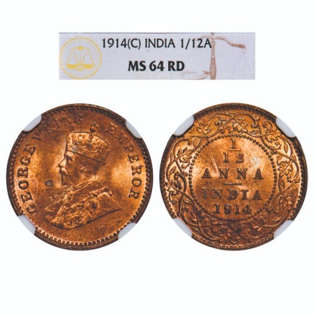 George V, Bronze, 1/12 Anna, 1914, Calcutta Mint, No dot. F. Prid 829. GK 1225. NGC Slabbe