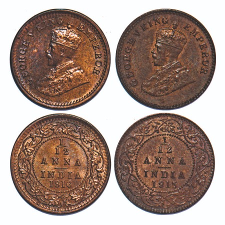 George V, Bronze, 1/12 Anna, (2 coins), 1915, 1916, Calcutta Mint, No dot. F. Prid 830, 83
