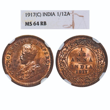 George V, Bronze, 1/12 Anna, 1917, Calcutta Mint, No dot. F. Prid 832. GK 1228. NGC Slabbe