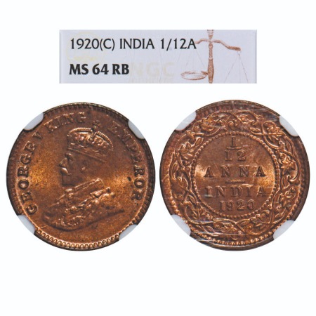 George V, Bronze, 1/12 Anna, 1920, Calcutta Mint, No dot. F. Prid 835. GK 1231. NGC Slabbe
