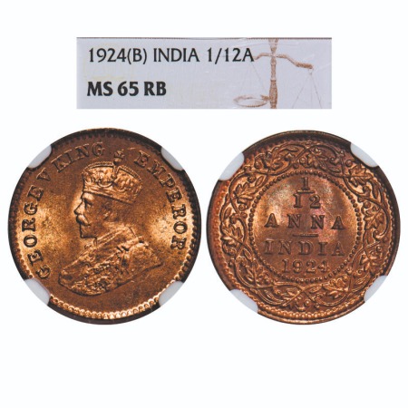 George V, Bronze, 1/12 Anna, 1924, Bombay Mint, Dot. F. Prid 852. GK 1235. NGC Slabbed MS 
