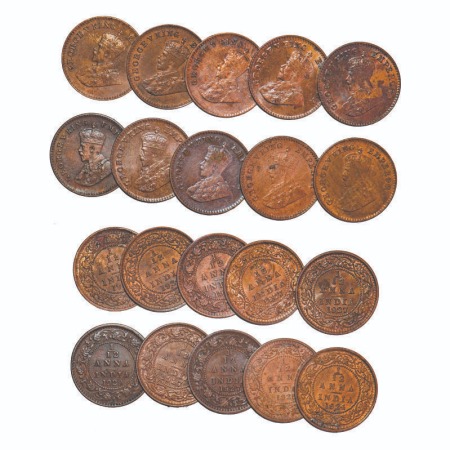 George V, Bronze, 1/12 Anna, (lot of 10 coins), 1 to 4) 1924, Bombay Mint, Dot, 5) 1925, C