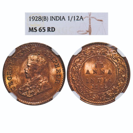 George V, Bronze, 1/12 Anna, 1928, Bombay Mint, Dot. F. Prid 856. GK 1243. NGC Slabbed MS