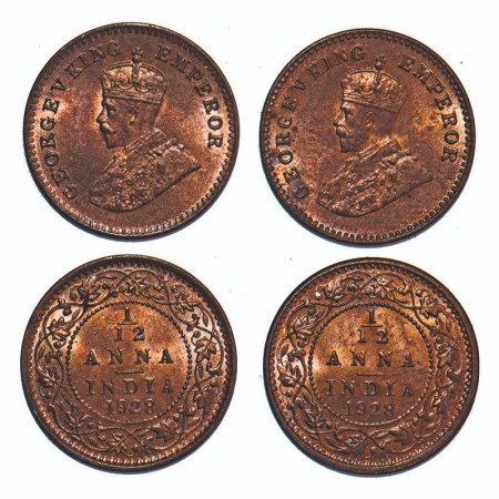 George V, Bronze, 1/12 Anna, (2 coins), 1928, Calcutta Mint, No dot. F. Prid 842. GK 1244.