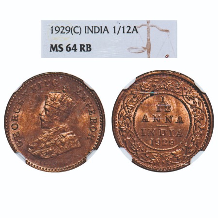 George V, Bronze, 1/12 Anna, 1929, Calcutta Mint, No dot. F. Prid 843. GK 1245. NGC Slabbe