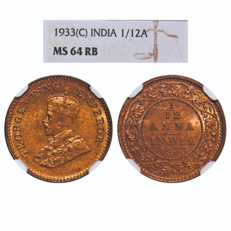 George V, Bronze, 1/12 Anna, 1933, Calcutta Mint, No dot. F. Prid 847. GK 1249. NGC Slabbe