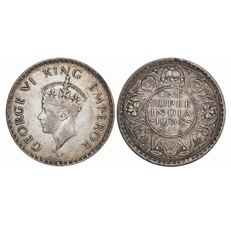 George VI, Silver, Rupee, 1938, Bombay Mint, A/I, Dot, Milled edge. F. Prid 234. GK 1255. 