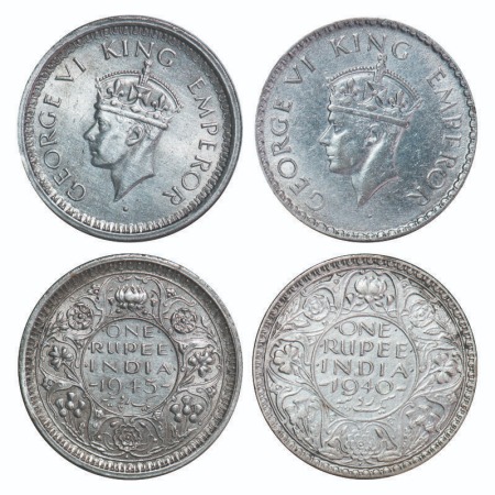 George VI, Half Silver, Rupee, (2 coins), Bombay Mint, 1) 1940, A(a)/I, Dot, 2) 1945, Bomb