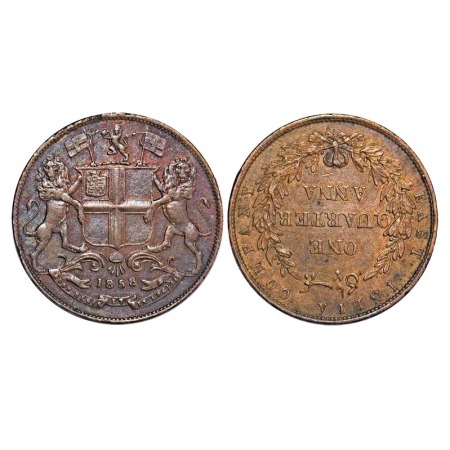 Victoria Queen, Copper, Quarter Anna, 1858, J. Watt. & Co., Birmingham Mint, Single leaf, 