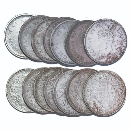George VI, Half Silver, Rupee, (lot of 7 coins), Bombay Mint, 1) 1940, A(a)/I, Dot, Securi