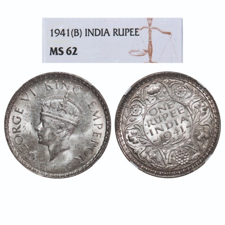 George VI, Half Silver, Rupee, 1941, Bombay Mint, A(a)/I, Dot, Security edge, Almost 11 o'