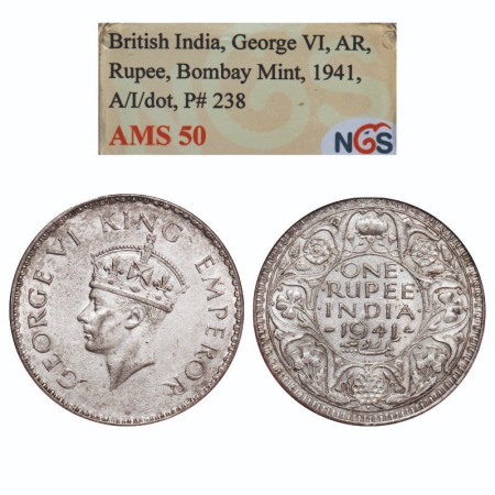 George VI, Half Silver, Rupee, 1941, Bombay Mint, A(a)/I, Dot, Security edge, Rev boarder 