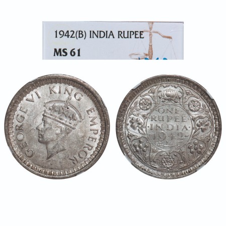 George VI, Half Silver, Rupee, 1942, Bombay Mint, B/II, Diamond, Security edge. F. Prid 24