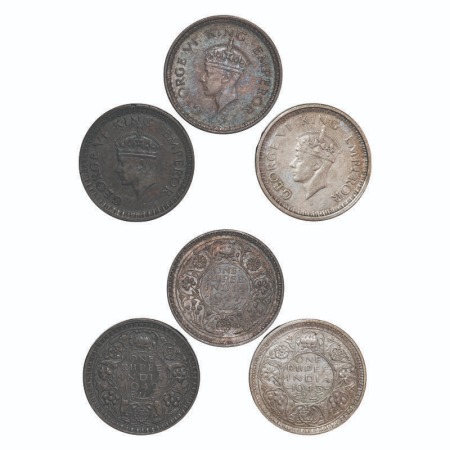 George VI, Half Silver, Rupee, (3 coins), Bombay Mint, 1) 1942, B/II, diamond, Security ed