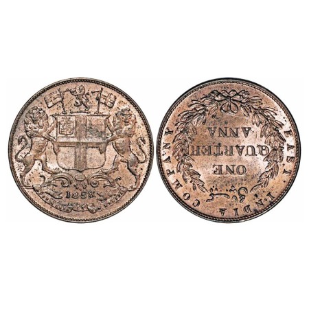 Victoria Queen, Copper, Quarter Anna, 1858, J. Watt. & Co., Birmingham Mint, Single leaf, 