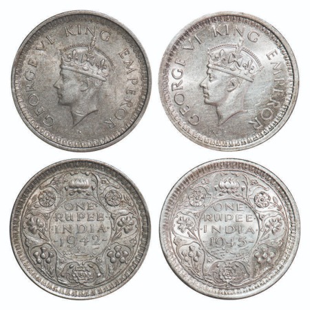 George VI, Half Silver, Rupee, (2 coins), 1) 1942, Bombay Mint, B(a)/II, Diamond, Milled e