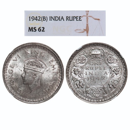 George VI, Half Silver, Rupee, 1942, Bombay Mint, B(a)/II, Diamond, Security edge. F. Prid
