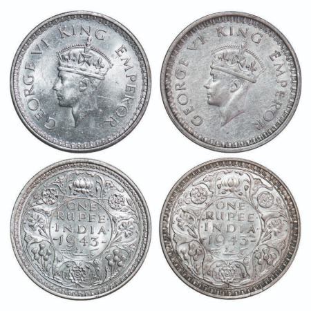 George VI, Half Silver, Rupee, (2 coins), 1943, Bombay Mint, 1) B(a)/II, Diamond, Security