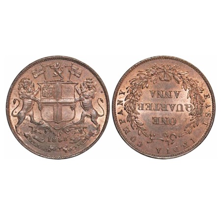 Victoria Queen, Copper, Quarter Anna, 1858, J. Watt. & Co., Birmingham Mint, Single leaf, 