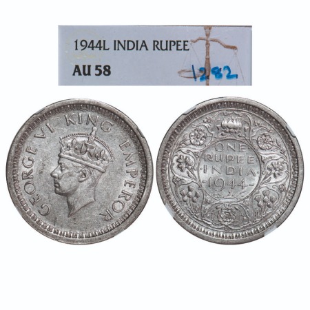 George VI, Half Silver, Rupee, 1944, Lahore Mint, D/II, 'L' raised, Security edge, Thin 'L