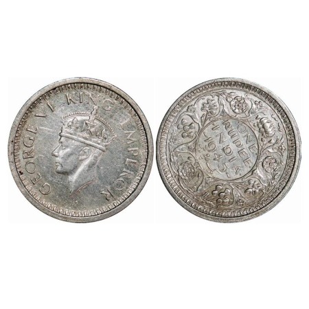 George VI, Half Silver, Rupee, 1945, Bombay Mint, D/II, Dot, Security edge, Normal 5, 2 o'
