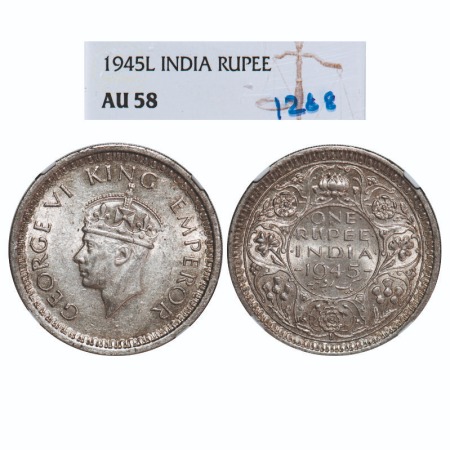 George VI, Half Silver, Rupee, 1945, Lahore Mint, D/II, 'L' raised, Security edge, Thick '