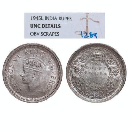 George VI, Half Silver, Rupee, 1945, Lahore Mint, D/II, 'L' raised, Security edge, Normal 