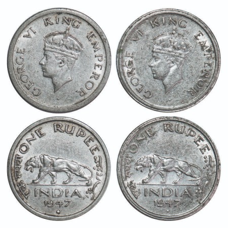 George VI, Nickel, Rupee, (2 coins), 1947, Bombay Mint, E/IV, Diamond, Security edge, 1) S