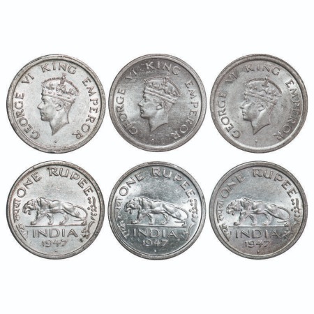 George VI, Nickel, Rupee, (3 coins), 1947, Bombay Mint, E/IV, Diamond, Security edge, Norm