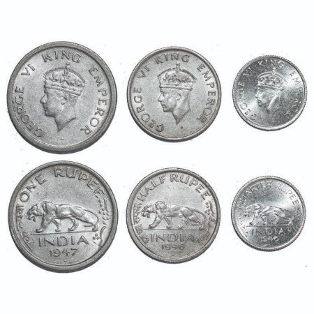 George VI, Nickel, (3 coins), Bombay Mint, 1) Rupee, 1947, E/IV, diamond, Security edge, N