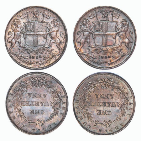 Victoria Queen, Copper, Quarter Anna, (2 coins), 1858, J. Watt & Co., Birmingham Mint, Sin