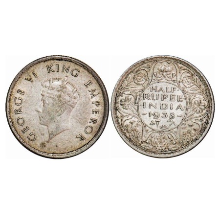 George VI, Silver, Half Rupee, 1938, Bombay Mint, A/I, Head Type I, Dot, Rev I, Milled edg
