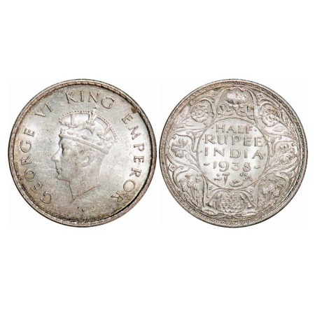 George VI, Silver, Half Rupee, 1938, Bombay Mint, A/I, Dot, Head Type I, Milled edge. F. P